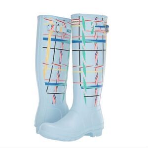 Hunter Original Tall Tartan Rain boots in Boat Blue | size 8